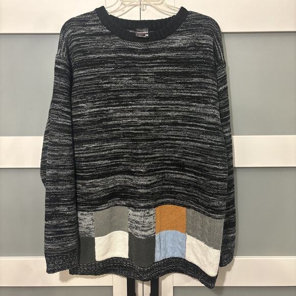 VTG SouthPole Knit Sweater Mens Medium Gray Striped Crew Neck Logo Y2K - NICE - Picture 1 of 5